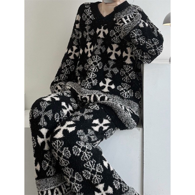 韓国風のリラックスプリントの高級ハーフフリースパジャマレディース冬新作ニット長袖ズボンホームウェアセット