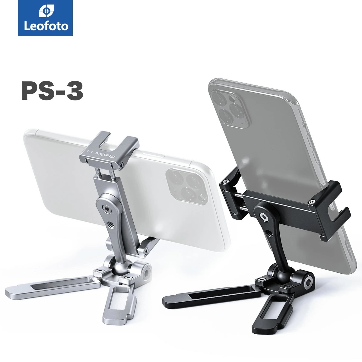 Leofoto(レオフォト) PS-3(BK)/PS-3(SV) 折畳式スマホスタンド＆ホルダー［ブラック/シルバー1/4インチ対応自立型折りたたみ可能アルカスイス/アクセサリーシュー互換］