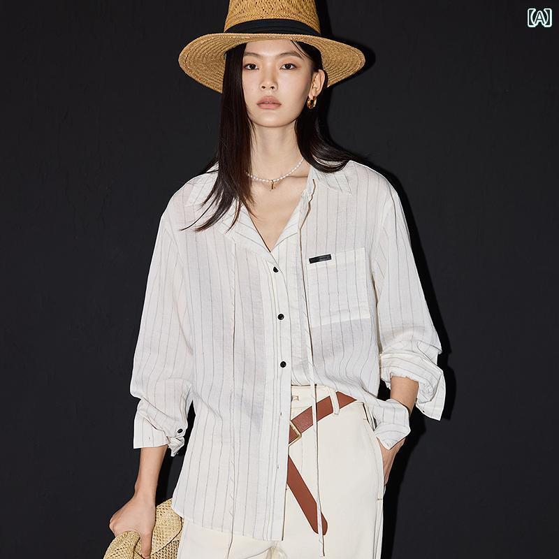 レディース　　シャツ　トップス LILY 2025 春 オールド マネー スタイル フレンチスタイル フローティング カラー ストライプ カジュアル 万能 通勤 ホワイト シャツ レディース