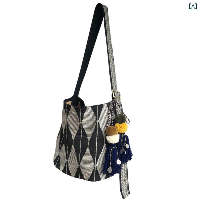 トートバッグ レディース ショルダー 2way 斜め掛け 長さ調節可能 鞄 a4 サイズ 横 大容量 ファスナー ポケット キャンバス ファーボール タッセル 旅行 普段使い ボヘミアン レトロ かわ