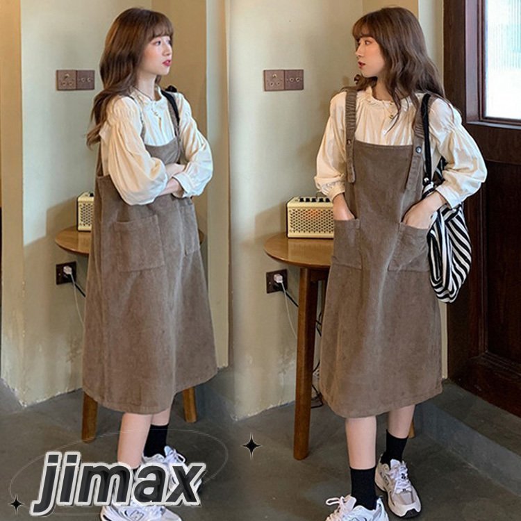 サロベットスカート セットアップ レディース 40代 2点セット サロベットワンピース 秋 長袖 ブラウス ロング丈ワンピース 妊婦服 体型カバー カジュアル ホワイトデー