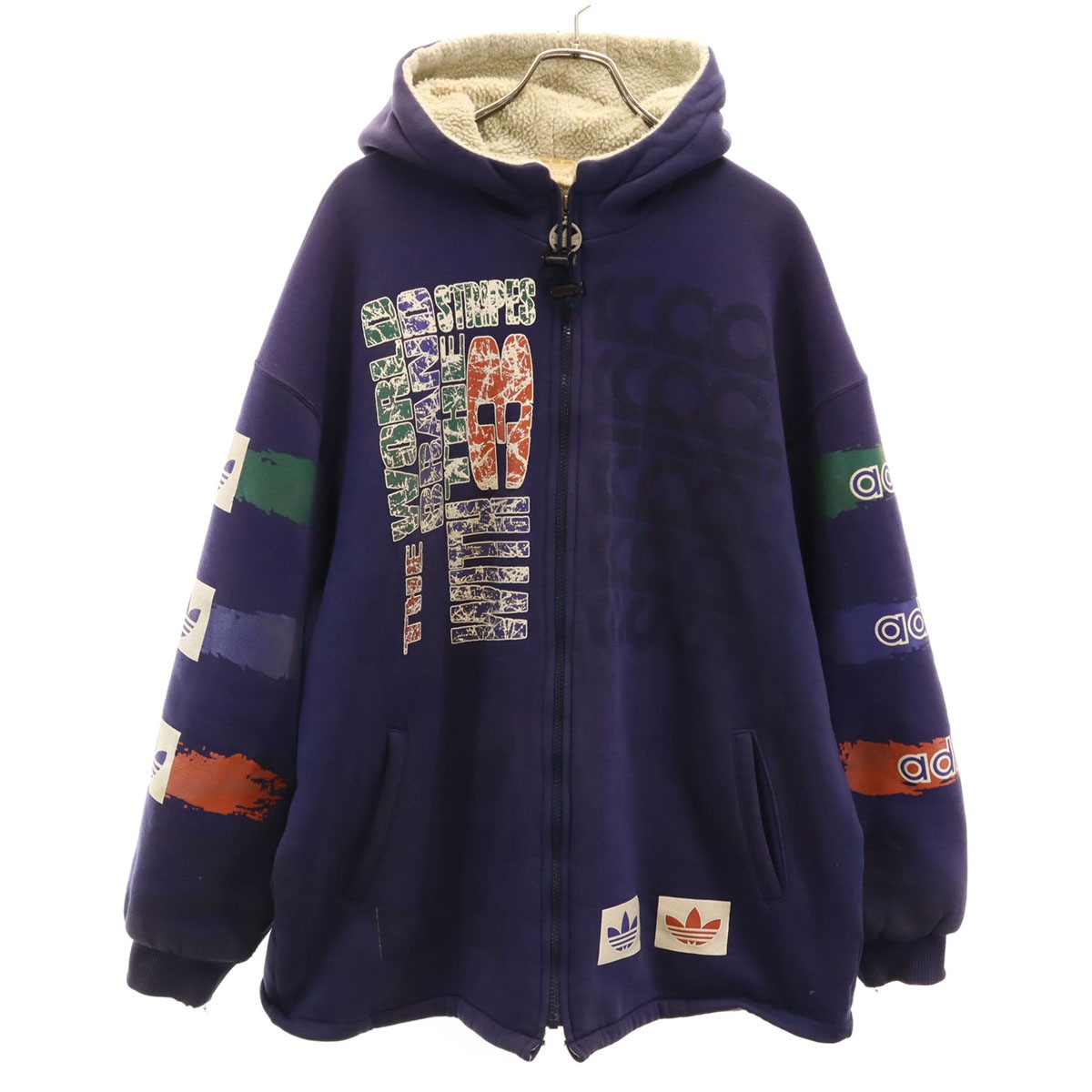 80s ヴィンテージ デサント製 トレフォイルロゴ 長袖 フリース ジップパーカー o ネイビー メンズ 古着