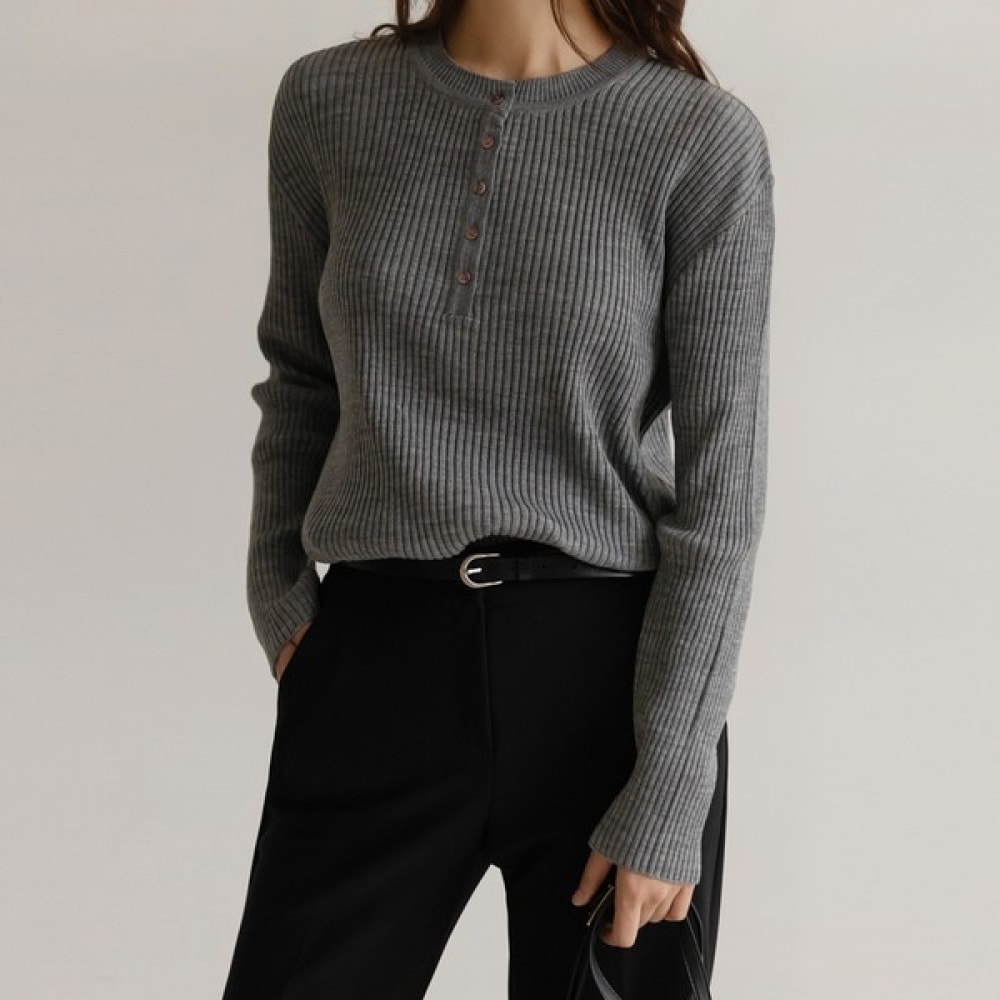 (Elysia) ドゥーズリブ付きボタンニット t シャツ