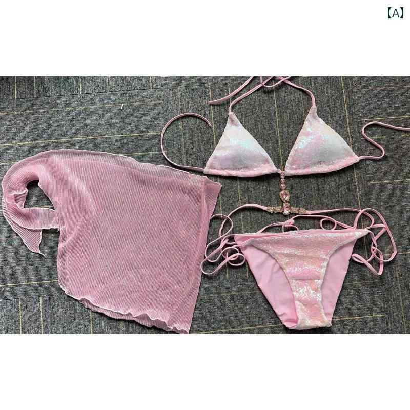 水着 女性 スパンコール マーメイド風 三角ビキニ 3点セット 魅惑的 ガール 海水浴 ビーチ リゾート レディース キュート