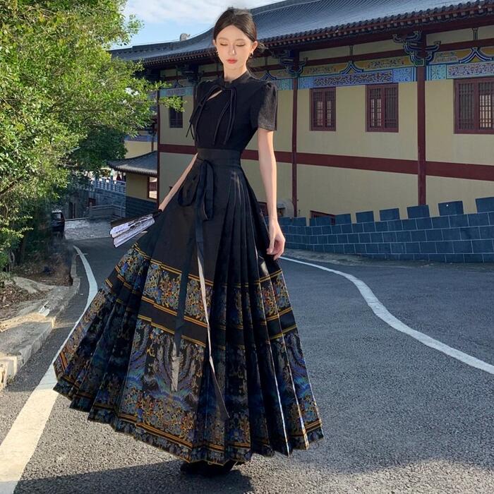 セットアップ 2点セット トップス シャツ ブラウス スカート プリーツ レディース 半袖 ロングスカート チャイナカラー カジュアル エレガント 大人 可愛い お呼ばれ 華やか おしゃれ パーティー