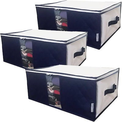 他サイト： 衣類収納ケース 3枚組 活性炭シート入 衣装ケース 収納ボックス 洋服 持ち手/クリア窓付 衣替え 押し入れ 通気性の良い(ホワイトxネイビー, 幅50ｘ奥行35ｘ高さ20cm)の商品画像