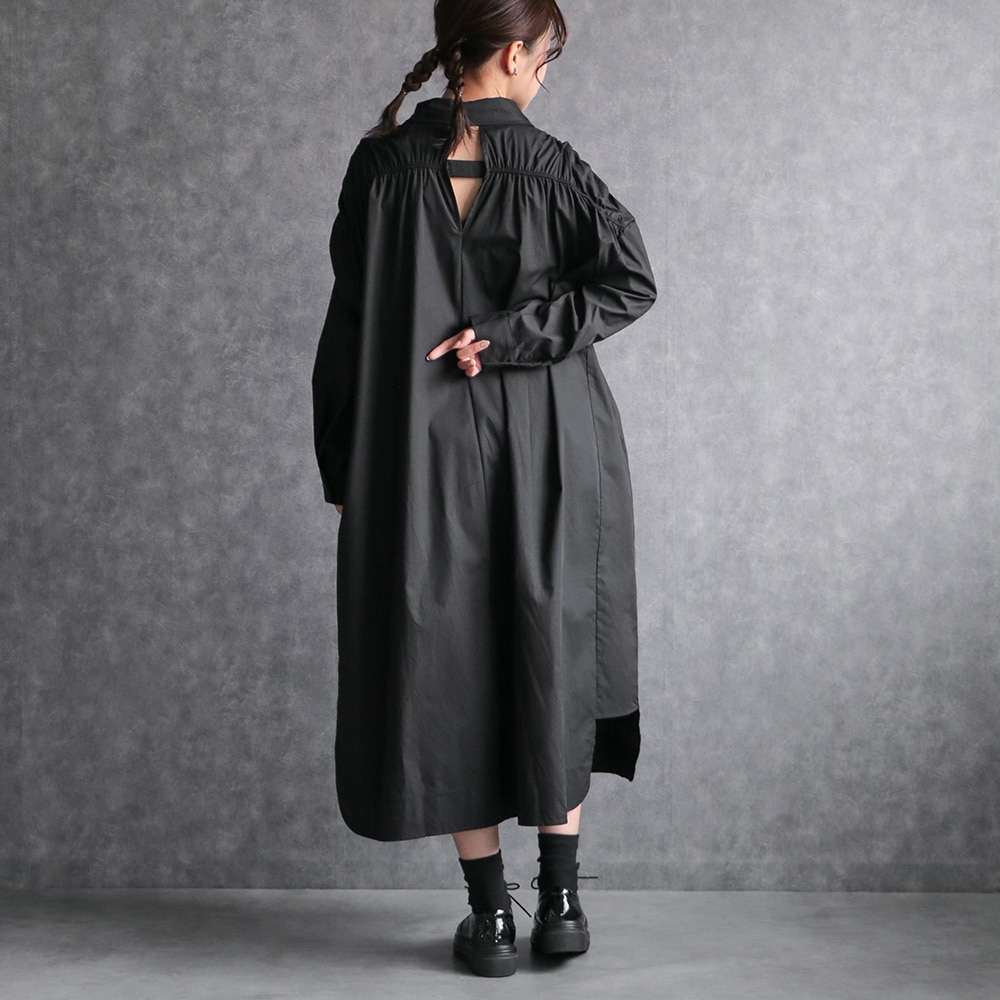 シャツワンピース 長袖 ロング 黒 レディース シャーリング ワンピ ロングシャツ ゆったり ポケット付き ビックシルエット 体型カバー カジュアル シンプル