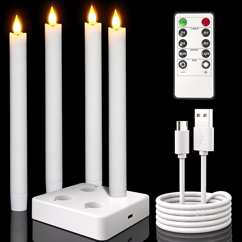 SoulBay LEDキャンドルライト充電式4個 24.5cm 長の白い 蝋燭 [リモートコントロール タイマー機能 充電ベース 付き]ホームテーブルの屋内の装飾用2時間の充電は100時間続き