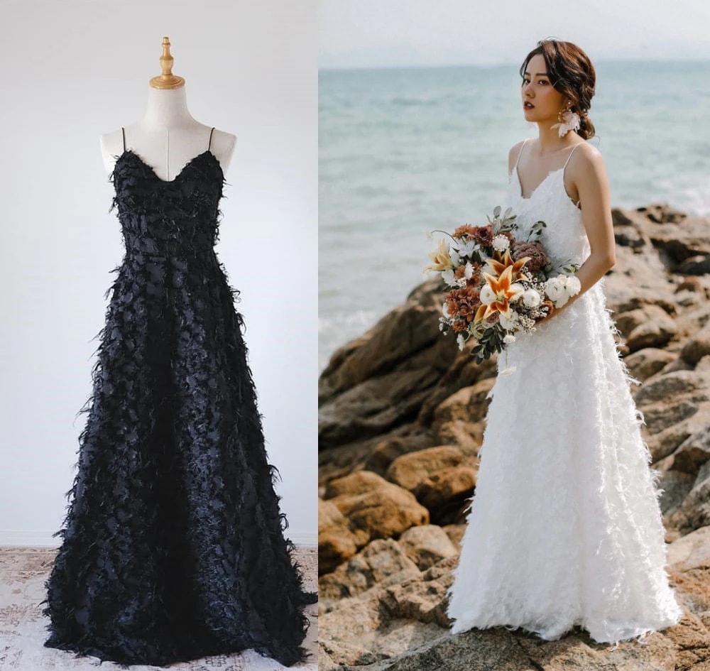 二次会前撮り白ワンピースドレス　ウェディングドレススレンダーホワイト白花嫁花嫁ドレスエンパイアドレス披露宴フォトウエディングロングドレスフェザーモチーフ大人大きいサイズ