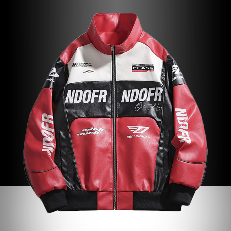 レトロバイクレーシングレザージャケット メンズ 秋冬 スタンドカラー 防風レザージャケット トレンド ベースボールジャケット