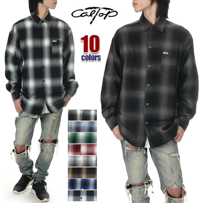 キャルトップ シャツ メンズ レディース 長袖 CAL TOP 長袖シャツ オンブレ チェック フランネル CALTOP カルトップ ストリート ヒップホップ ダンス 黒 紺 白 茶 カーキ 赤 緑