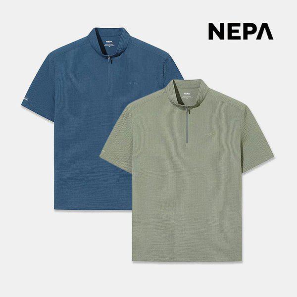 男性リニューシアサッカー半袖ジップアップTシャツ 夏 機能性 冷感 登山服 運動服 7M35418