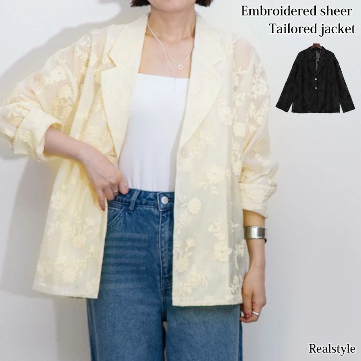花柄刺繍エアリーシアーテーラードジャケット レディース 長袖 夏 秋 シアージャケット シャツ 前開き アウター 羽織り おしゃれ きれいめ 上品 シースルー オーガンジー レイヤード 重ね着 ゆった