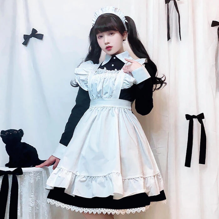 即納 高品質 メイド服 ワンピース 長袖 コスプレ 豪華セット ロリータ クラシカル メイドカフェ エプロン メイド レディース メイド喫茶 衣装 春秋 ゴスロリ Lolita ロリィタ 甘ロリ ゆ3