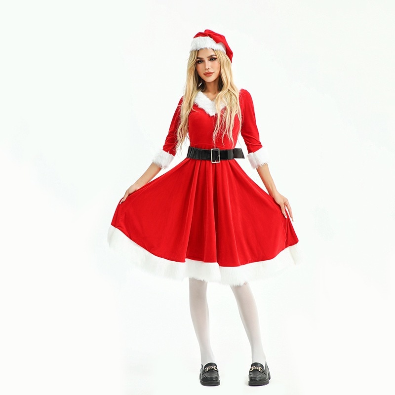 2025 クリスマスコスチューム 大人用 レディース クリスマスコスチューム ホリデーパーティーコスチューム サンタクロースドレス パフォーマンスコスチューム