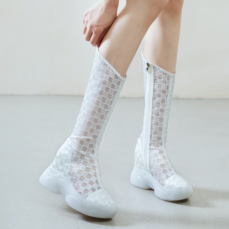 ロングブーツ 夏 レディース シークレットシューズ 8cmアップ 厚底 ブーツサンダル 透かし靴 サマーブーツ おしゃれ 美脚 通勤 通学 インヒール