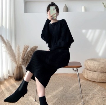 ニットワンピース セット レイヤード リブニット 着痩せ トップス ワンピース セーター プルオーバー ロング丈 長袖 ハイネック 襟なし スリム タイト 細身 ストレート スマート 編み込み 伸縮性