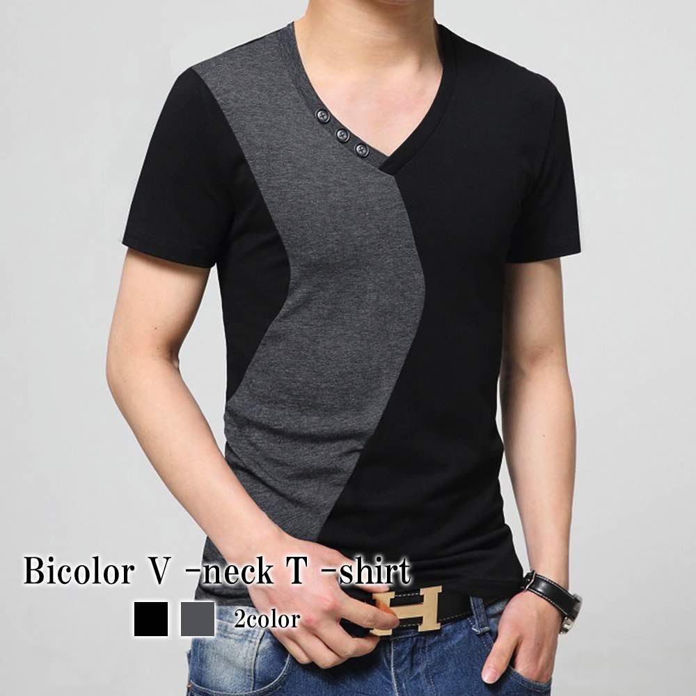 Tシャツ メンズ バイカラーVネックTシャツ ブラック おすすめ 半袖 シャツ ブランド オシャレ 涼しい 夏 カジュアル ティーシャツ 肌着 おしゃれ 7分袖 コットン Vネック ワッフル ロング
