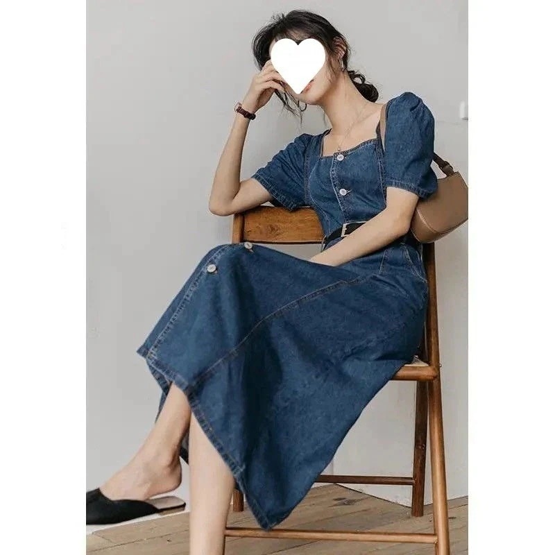 デニムワンピース レトロ バブル袖 レディース 小柄 スクエアカラー ウエスト引き締め ストレート 半袖 ハイウェスト