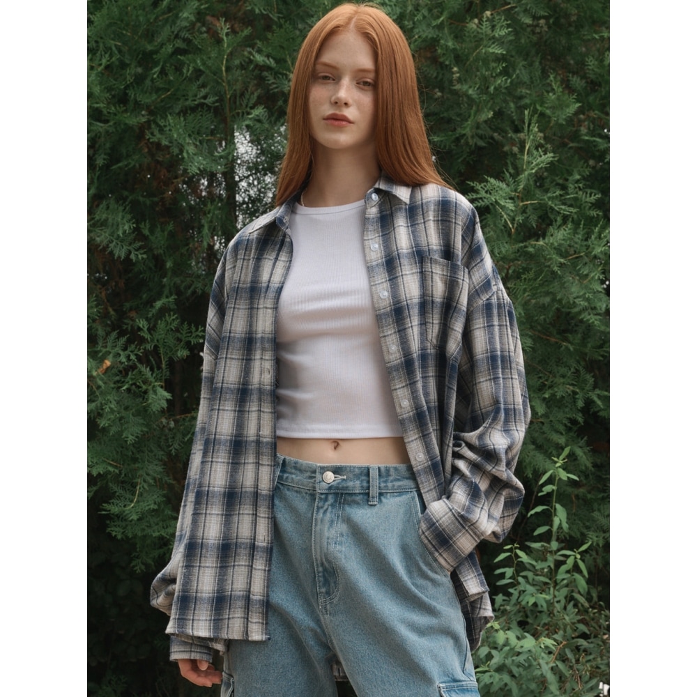 LOSSYROW オーバーサイズチェッカーシャツブルー