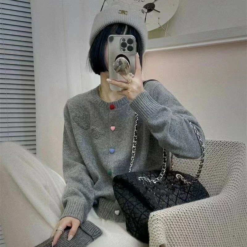 カラーボタン丸首長袖ニットカーディガン女性春秋冬新作ファッション婦人服セーターコートカーディガン女性