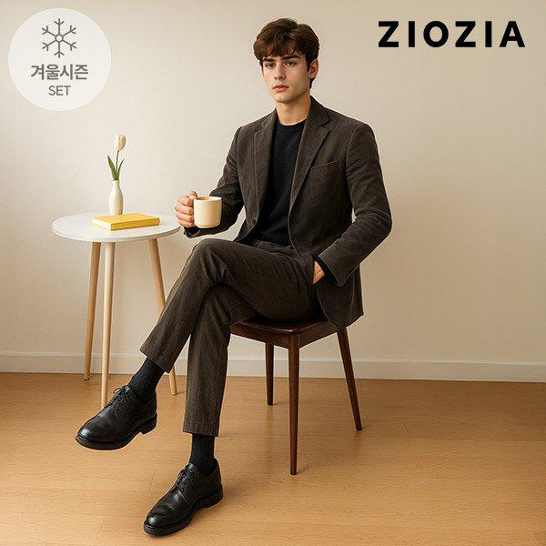 [] カーキ コーデュロイ カジュアル セットアップ スーツ (AAD4KG1602_AAD4PP1602_LKH)