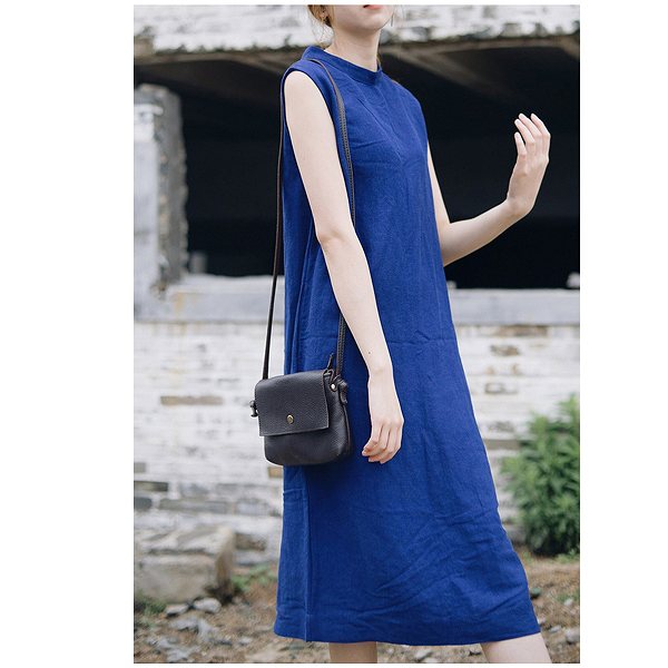 「期間限定セール」リネンワンピース　麻　膝下丈　スカイブルー　ゆったり　後姿がポイント　ノースリーブ　リゾート　海　上質素材【クリックポストで】