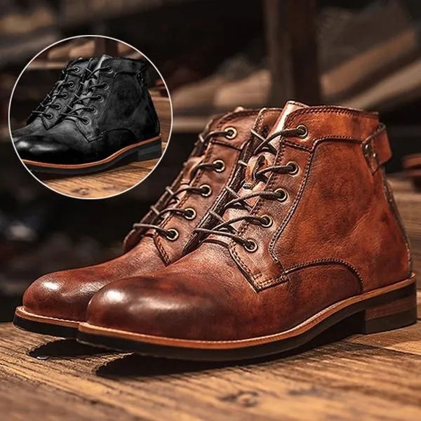 Mens Fashion Lace Up Tooling Boots Casual Leather Motorcycle Boots Retro Style Riding Boots Man Outd