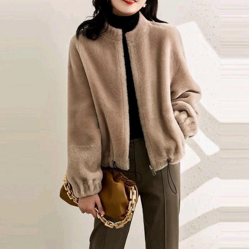 欧米 皮毛一体 立ち襟 ジャンバー 若見え ジャケット 気質 ウォーム 着痩せ ふわふわ トップス