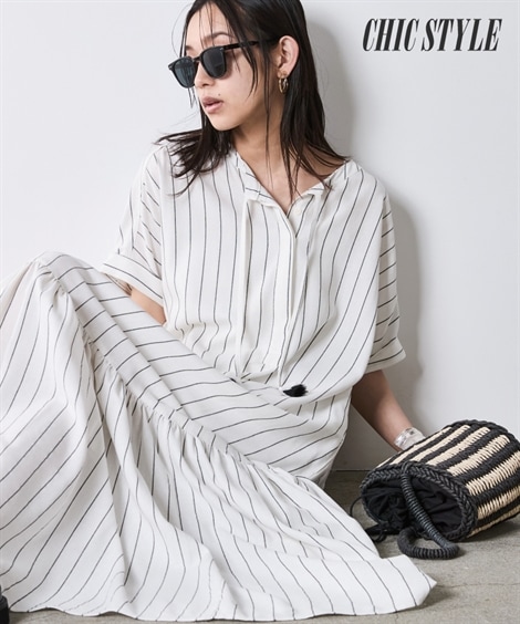 ロング・マキシ丈/半袖 ストライプフレンチスリーブロングワンピース 大きいサイズ有 シックスタイル