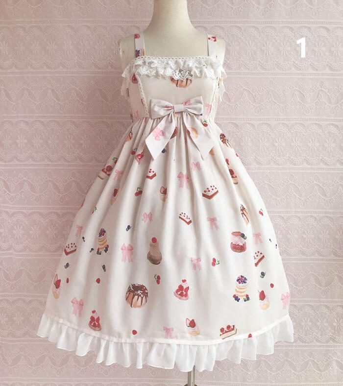 【急速出荷】ロリータ ワンピース ジャンパースカート ハイウエスト お菓子 プリント かわいい 選べる５カラー XS - 3XL