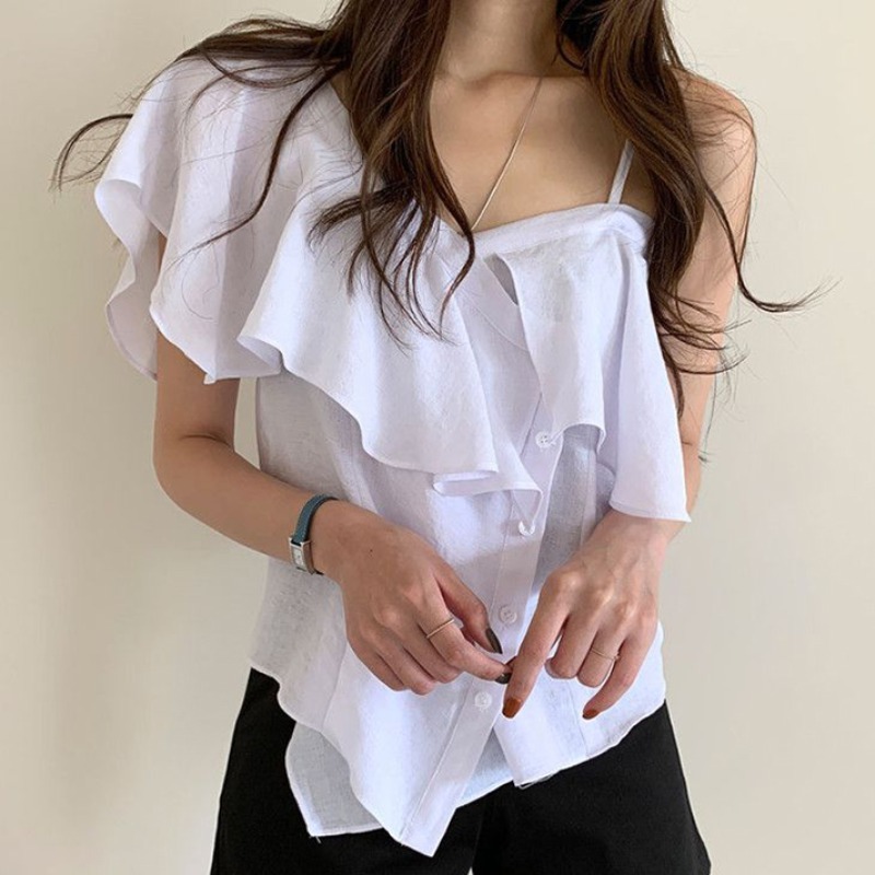 シャツ ブラウス レディース ワンショルダー 半袖 アシンメトリー フリル 大人可愛い きれいめ 存在感 個性的 無地 夏 学生 デート イベント リゾート ホワイト ブルー ブラック トップス