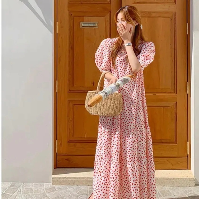 パフスリーブロングワンピース ワンピース ティアードワンピース ロング ロング丈 マキシ マキシ丈 袖あり 半袖 パフスリーブ ラウンドネック フレア Aライン 綿 ポリエステル かわいい 大人可愛い