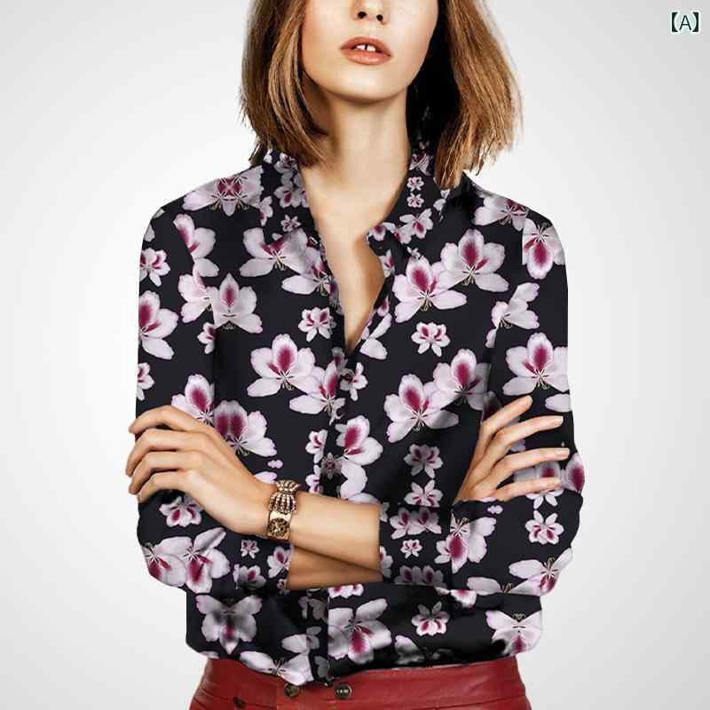 ブラウス レディース 春秋 長袖 ポロ襟 複数ボタン スリムフィット レトロ 花柄シャツ ラグジュアリー カジュアル 婦人服 エレガント 婦人服 シック