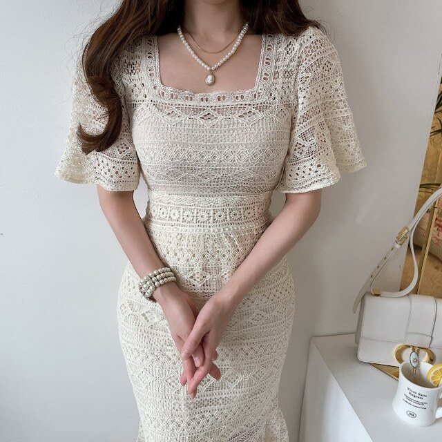 【送料無料】レディース ワンピース クロシェレース マーメイドワンピース スクエアネック バルーンスリーブ 透かし ハイウエスト 大人可愛い ママコーデ ママファッション 韓国系 オルチャン