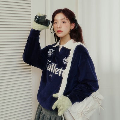 VELOUR COLLAR ロゴ 長袖 ドロップショルダー ニット [4カラー] 【公式