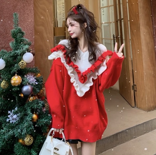 トップス ニットソー プルオーバー ミディアム丈 長袖 Vネック ニット フリル かわいい 大人可愛い きれいめ シンプル カジュアル 上品 おしゃれ かっこいい 大人女子 こなれ感 個性的 主役級