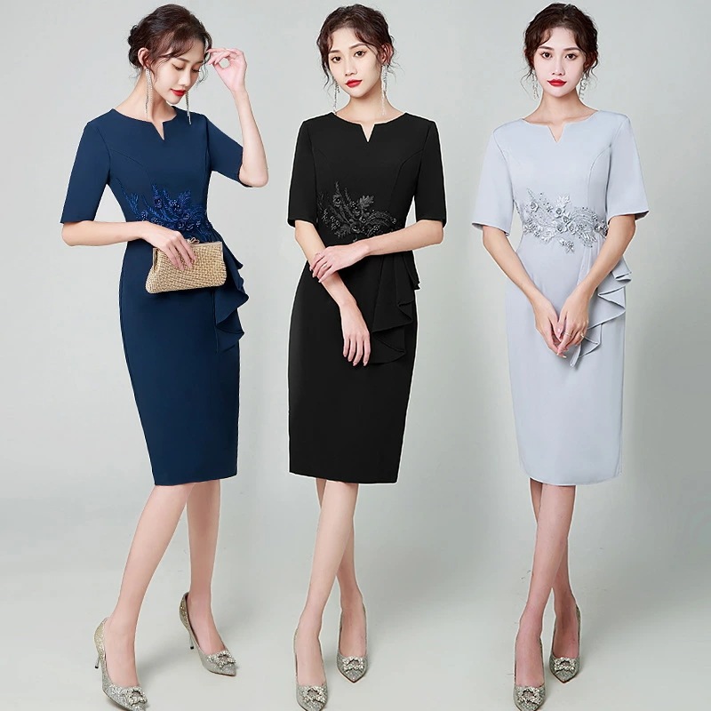 レディースドレス パーティードレス タイトワンピース ビジネス スーツワンピース 無地 ３色 結婚式 礼服 フランス風 司会 二次会 発表会 イブニングドレス 忘年会 小柄 半袖 ファスナー 上品 き