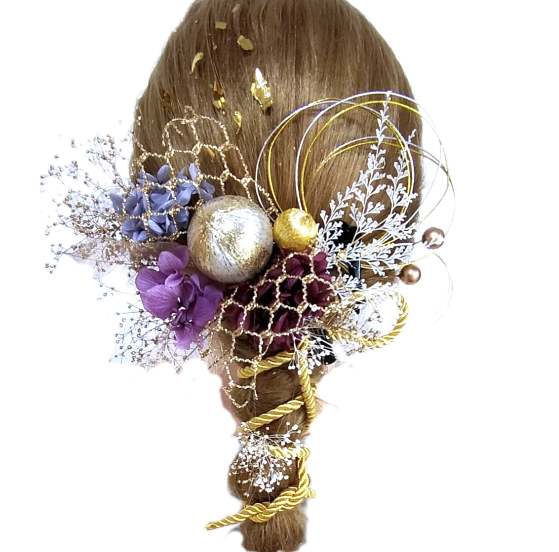 【髪飾り】成人式 結婚式　卒業式 振袖　袴 着物 和装　ウェディング ヘッドドレス ヘアピン ドライフラワー お花 形状保てるリボン 和玉 飾り紐 水引金箔 パール ラベンダー/白/ゴールド/紫系58