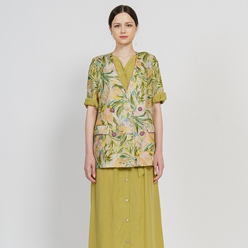 Linen 100% Half Sleeve Piping V-Neck Summer Jacket_Flower