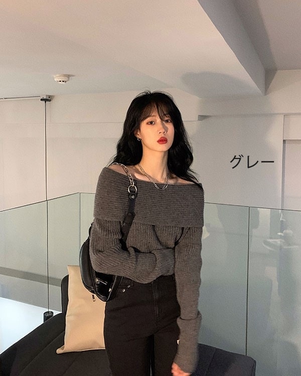 トップスニットオフホワ レディース リブニット フェミニン 大人 長袖 オフショルダー ゆったり ざっくり編み タイト レースアップ ドロップショルダー ニットセーター 春秋風 可愛い ショート丈 オ