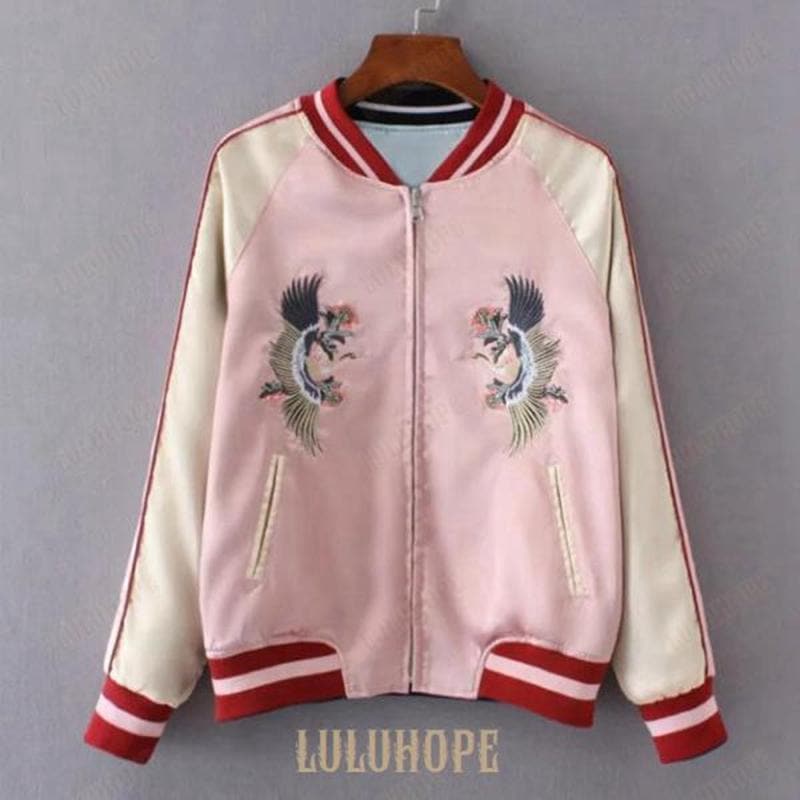 最安値挑戦コスパ最高ジャンパー レディース ショート丈 長袖 スカジャン スタジャン 刺繍 サテン 光沢 BF風 アウター ジャケット 秋物 秋新作 2way新品