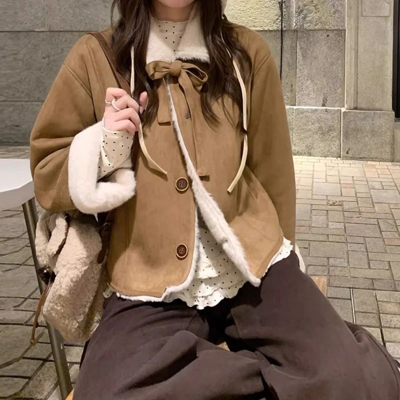 高評価!!【3日出荷】 フェイクファーコート ブラウン スエード調 コート 短め 冬 新作 ラムウール 毛皮 一体 毛足 ふかふか トップス