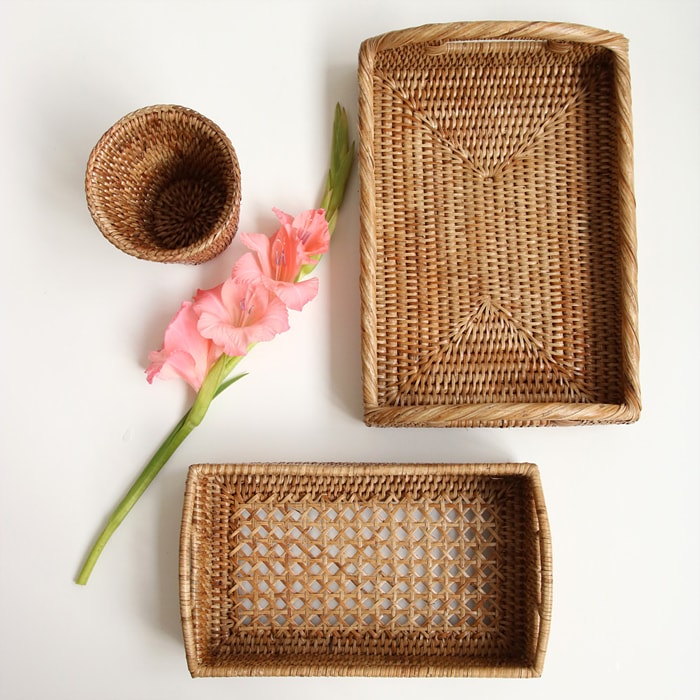 [PAPER GARDEN] スクエア ラタン トレイ 小物 整理箱 収納箱 整理 収納 かご 木製 バスケット 茶トレー