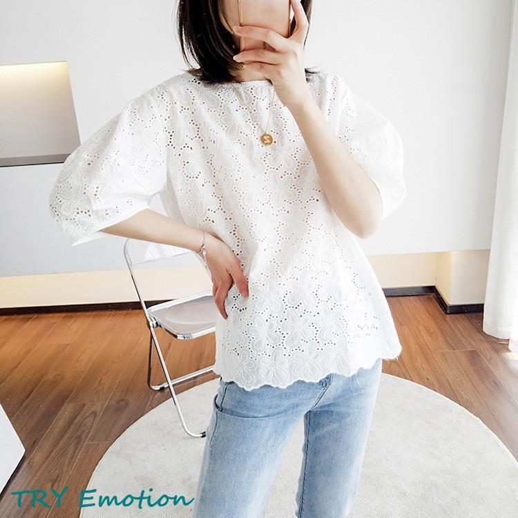 レースブラウス レディース きれいめ 40代 春夏 半袖レーストップス白 オシャレ ブラウス パフスリーブトップス 韓国風 カジュアル 体型カバー