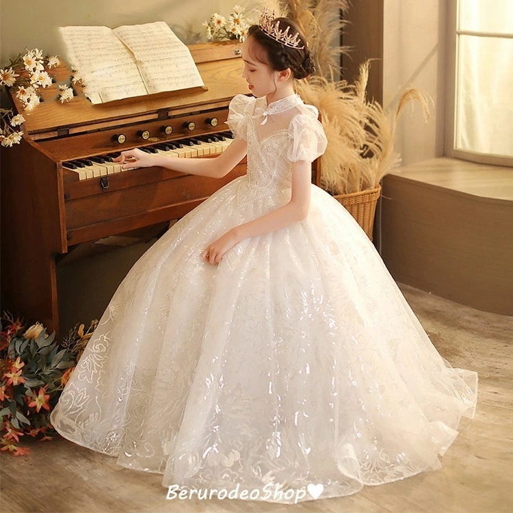 子供ドレス ロングドレス ピアノ発表会 ドレス ハイネック リボン 可愛い プリンセスドレス 女児ドレス スパンコール キラキラ キレイめ パフスリーブ 女の子ドレス 白 ホワイトドレス 演奏会ドレス