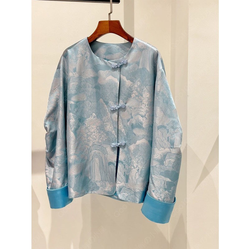 2024年春新作 中国風シックブラウス 藍色サテン生地対襟トッパージャケット 慶華織装飾が上品-19