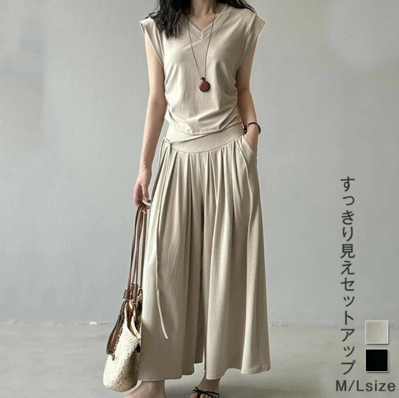 セットアップ レディース パンツ 夏 上下セット ワイドパンツ パンツスーツ フレンチスリーブ 2点セット vネック トップス ロング マキシ丈 ロングパンツ フェミニン 体型カバー きれいめ 着やせ