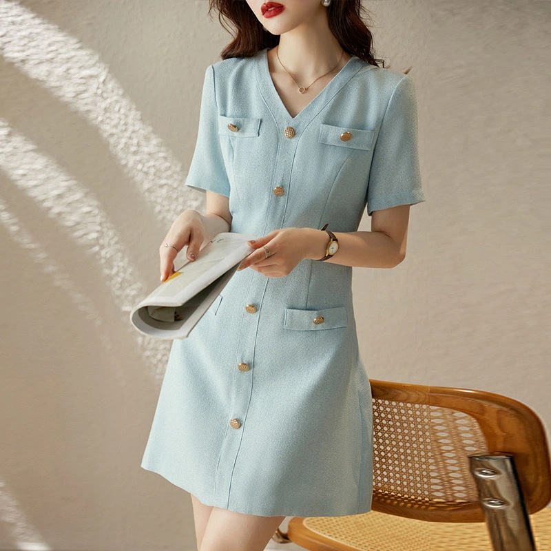 フランスワンピース女性夏の新しい着痩せ効果vネック半袖シャツワンピース
