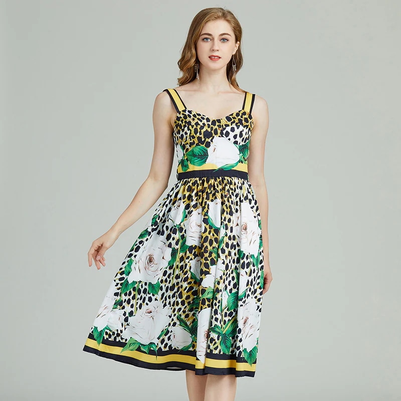 新型レディースレトロ豹柄プリントストラップ パーティードレス キャミワンピース